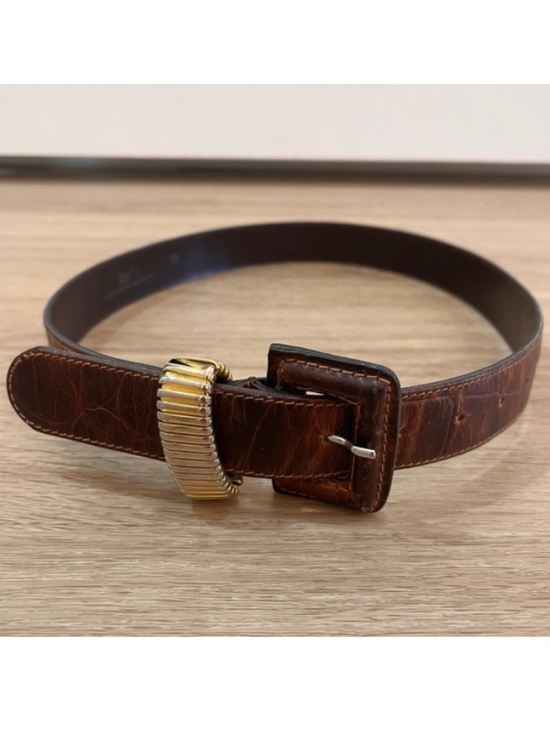 Vintage Furla Brown Genuine Leather Belt with Gold Textured Buckle Size 75 main image 5